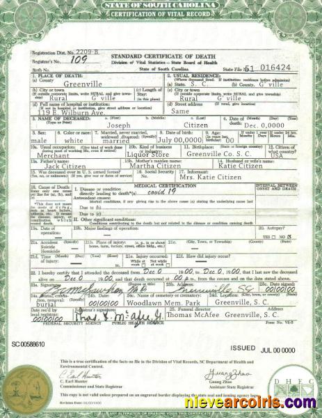 USA South Carolina state death certificate
